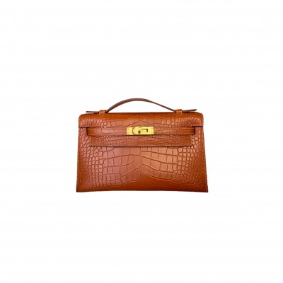 HERMÈS MASTER KELLY BAG MATTE CROCODILE BRONZE GOLD BUCKLE (22*14*7cm) 